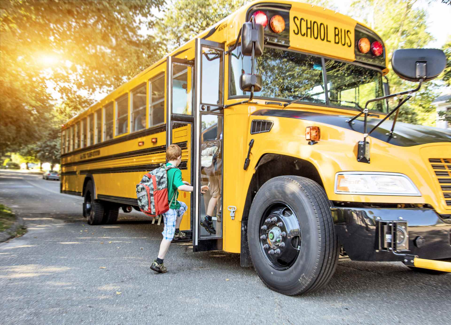 A group of young children getting on the schoolbus