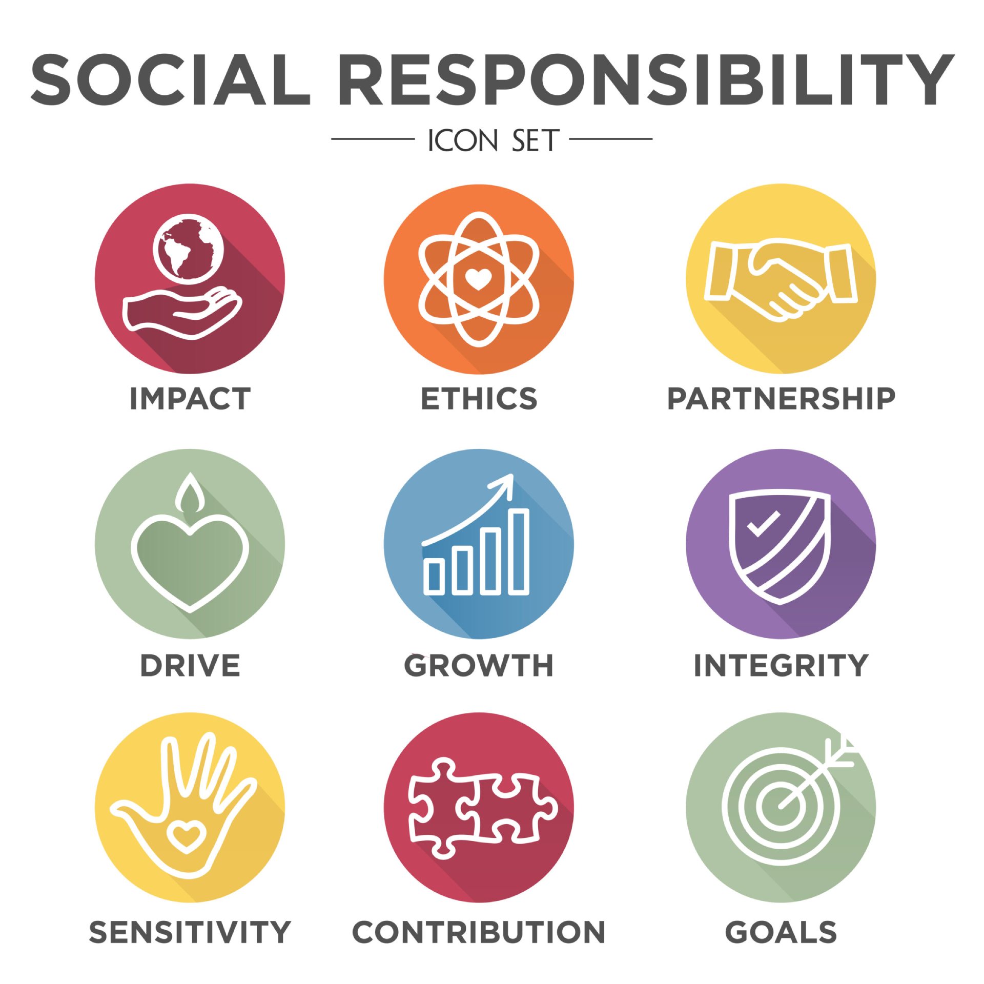 Social Responsibility Outline Icon Set - drive, growth, integrity, sensitivity, contribution, goals